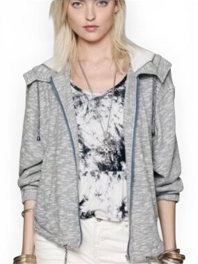 Free People Women Gray Hooded Zip Up Jacket Batwing Sleeve Boho Size M